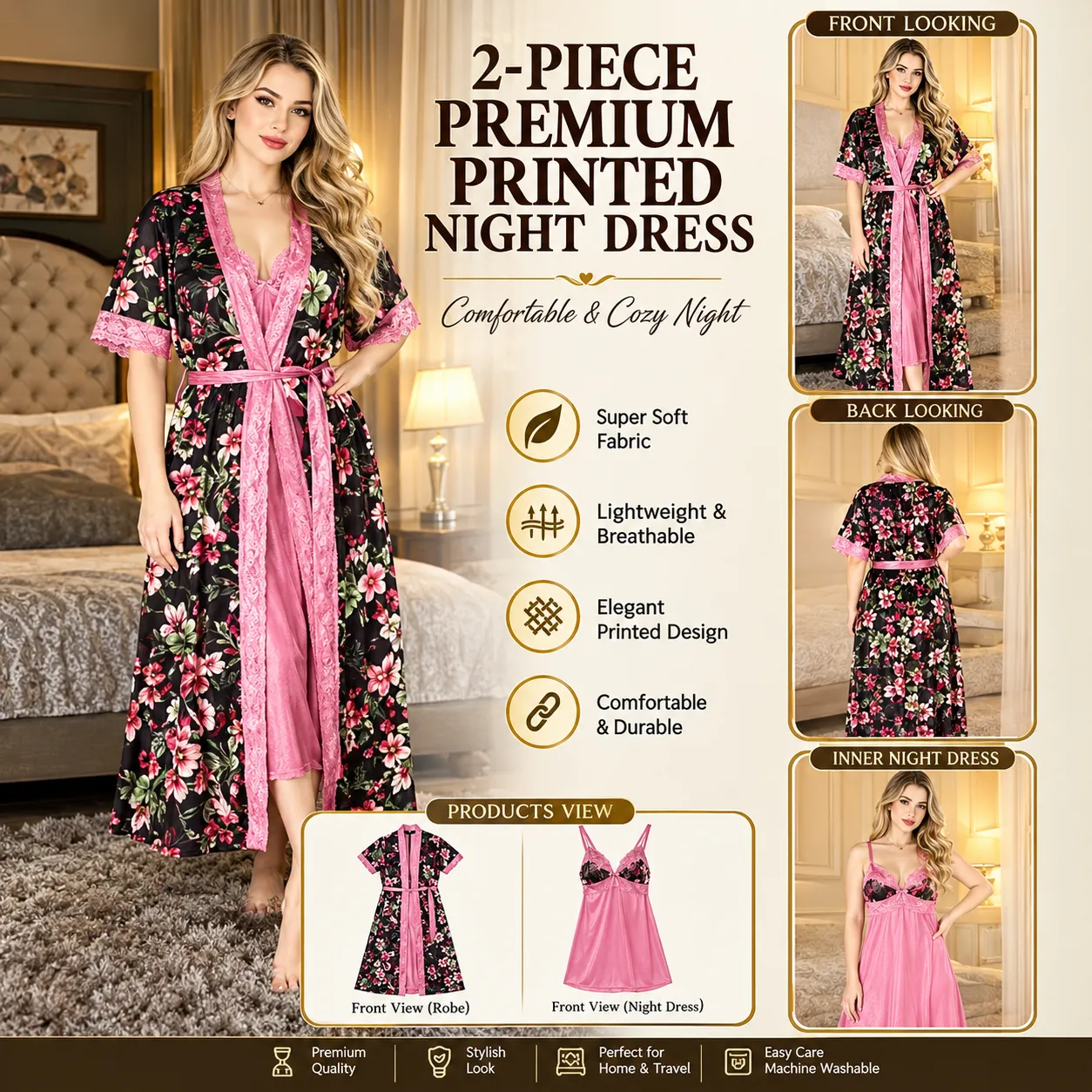 Luxurious Soft Pink Print Nightdress for Women