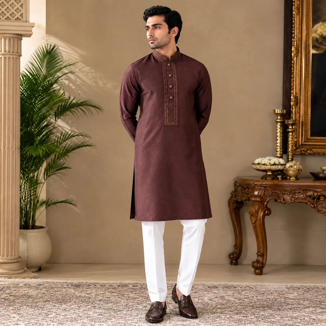 Signature Men's Embroidered Panjabi - Deep Brown