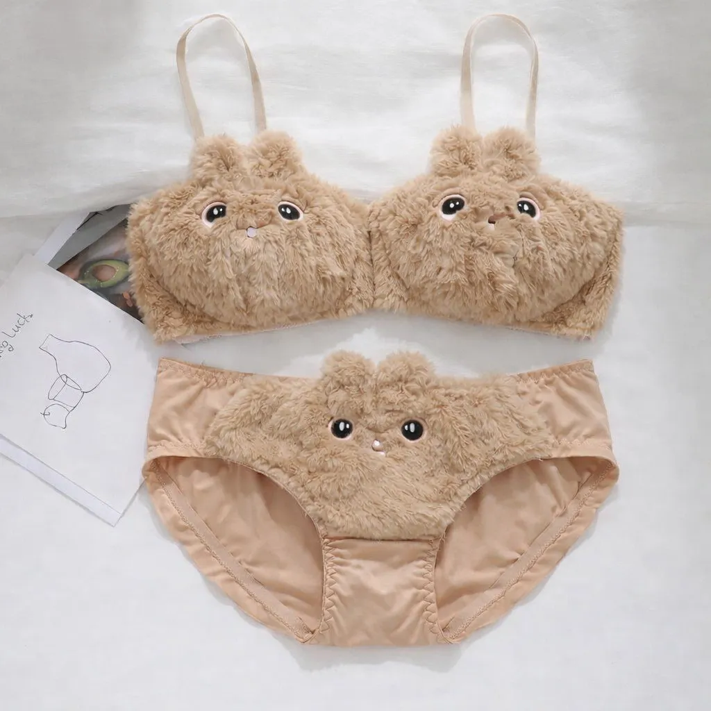 Women's Cute Non Padded Bunny Bra Panty Set - Brown