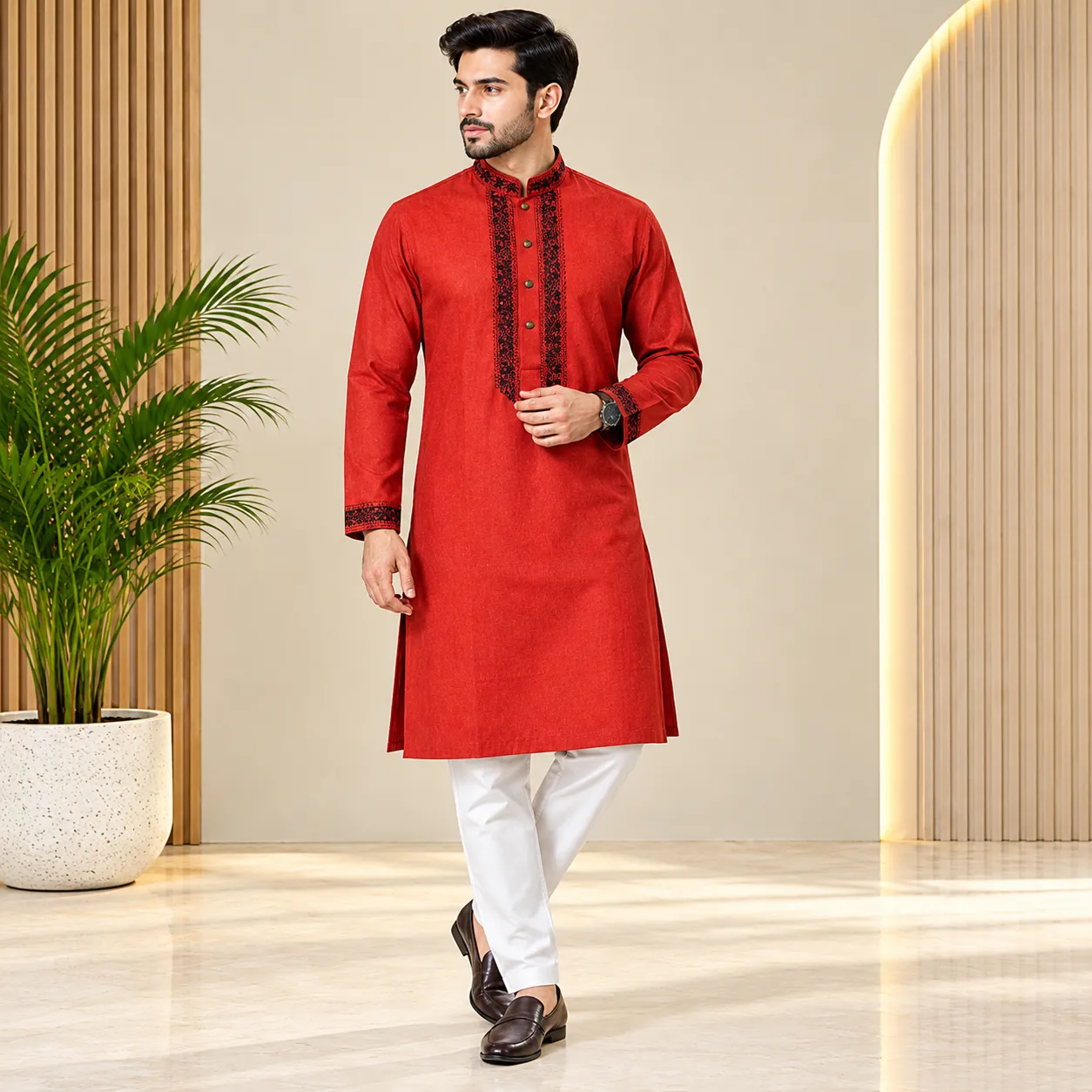 Men’s Luxury Embroidered Panjabi Maroon