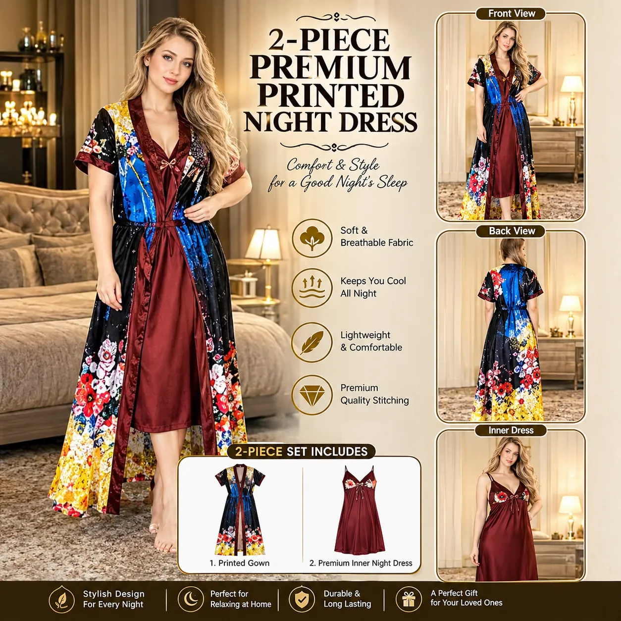 Deep Rose Printed Nightdress for Women
