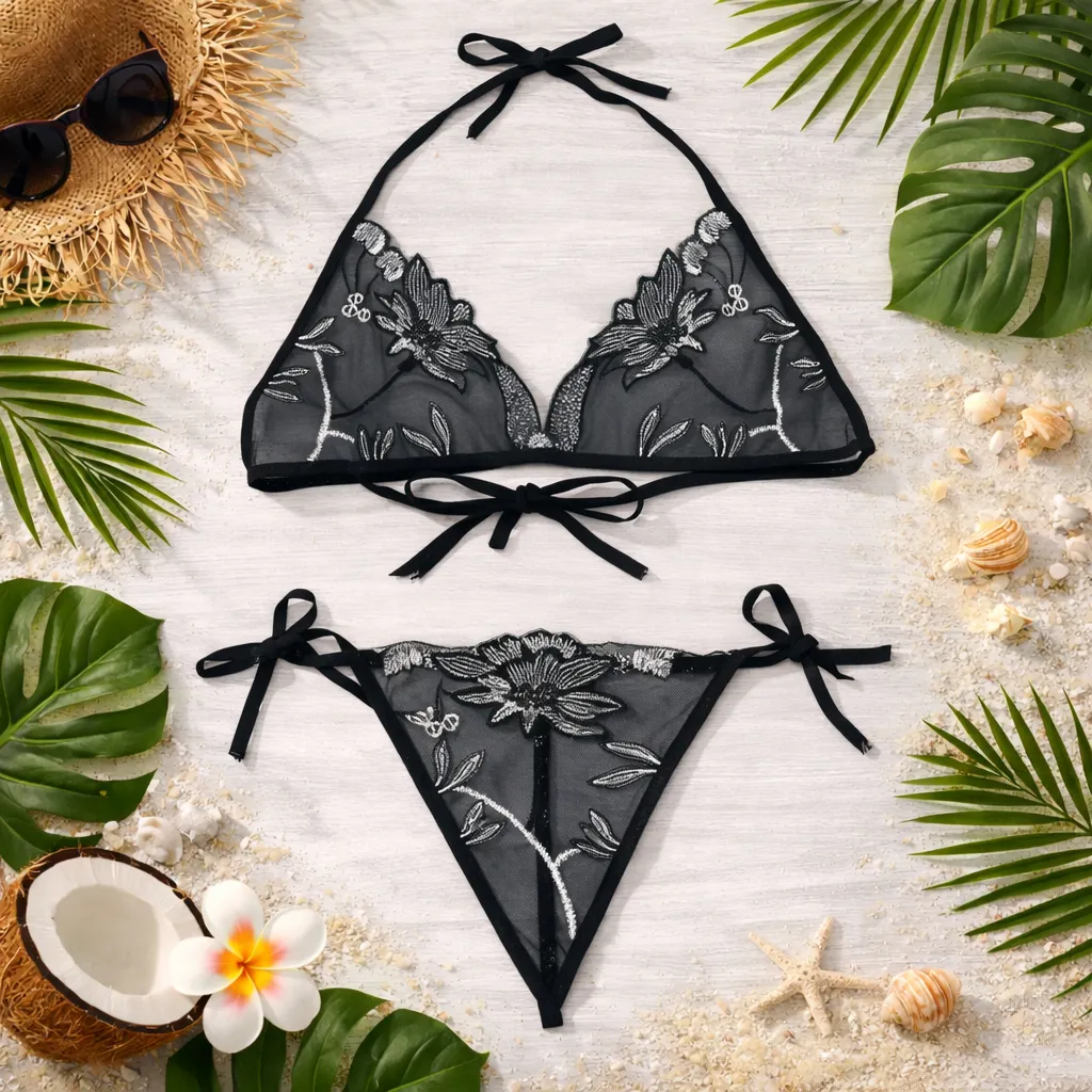 Rose Design C02 Black Transparent Bra Panty Set for Women & Girls'