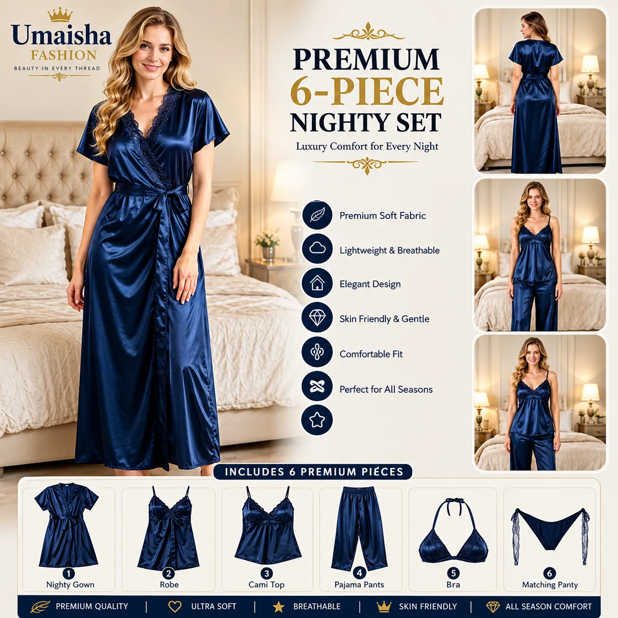 Luxurious 6 Piece Nighty Set Navy Blue
