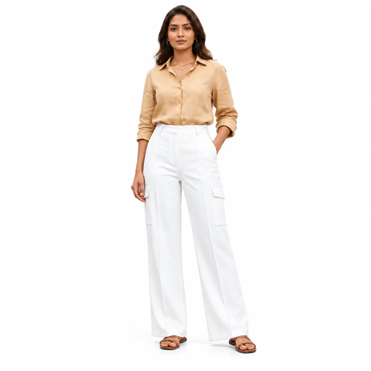 Women’s White Georgette Cargo Pants