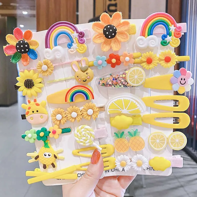 14 pcs Yellow color Baby hair clip set for cute babies hair with various cartoons and characters