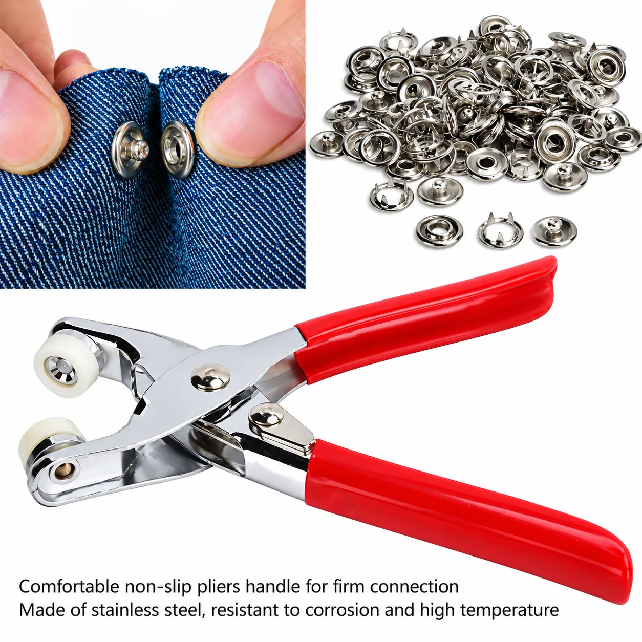 Five-Prong Button Installation Tool for Easy, Fast, and Secure Button Fastening on Various Fabric Types.
