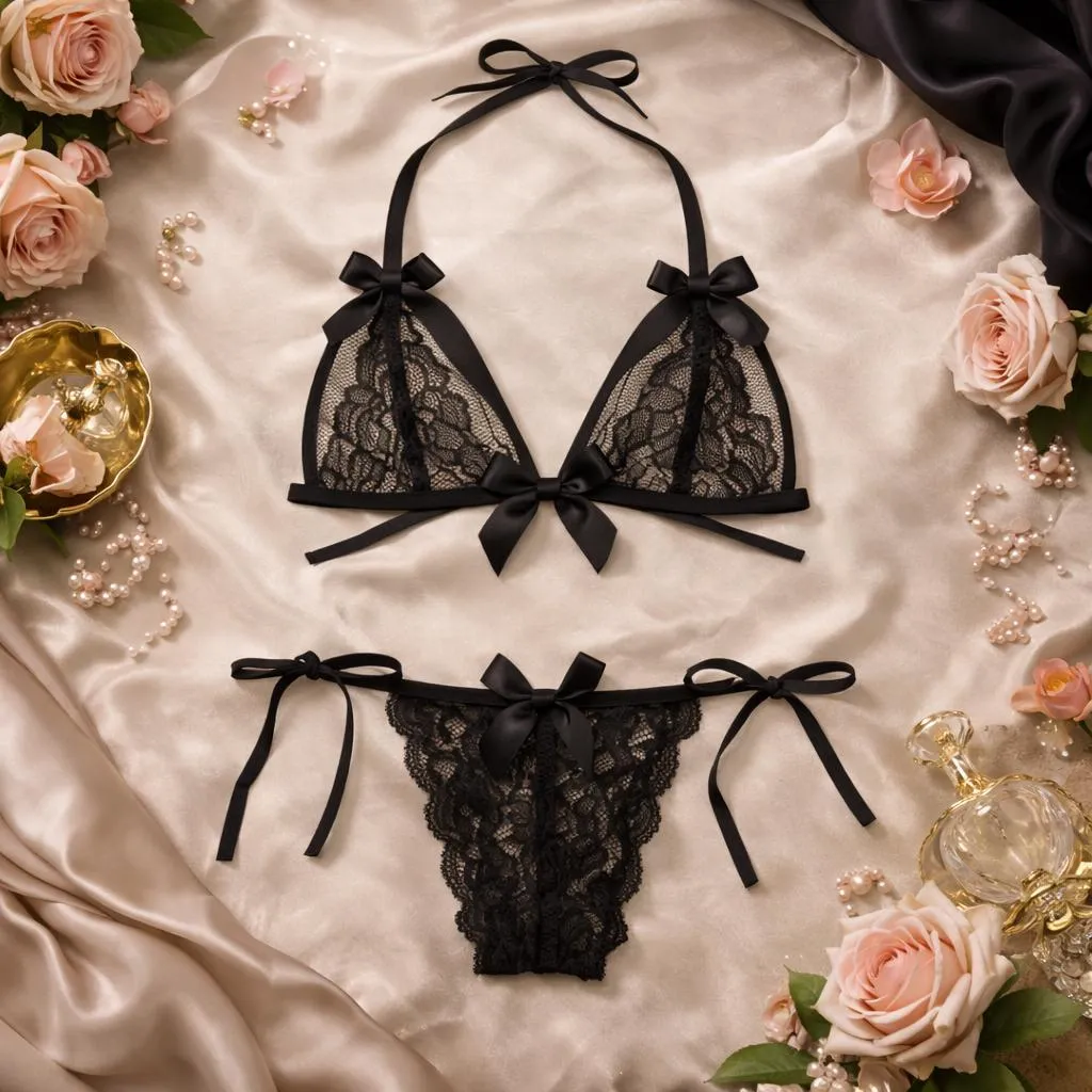 Lace-Up Black Transparent Bra Panty Set for Women & Girls'