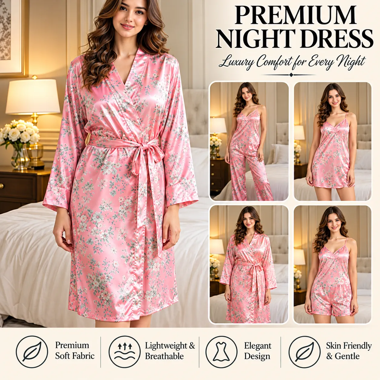 Luxurious Pink Satin Silk 5 Piece Nightwear Set