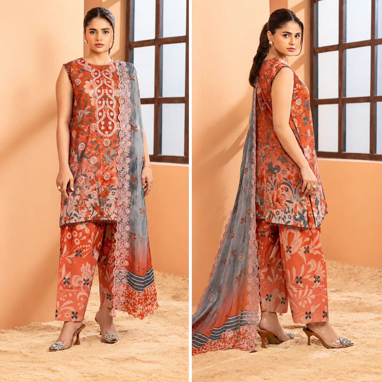 Pakistani Mishaal by Gulljee Unstitched Three Piece - Rust Orange X Terracotta