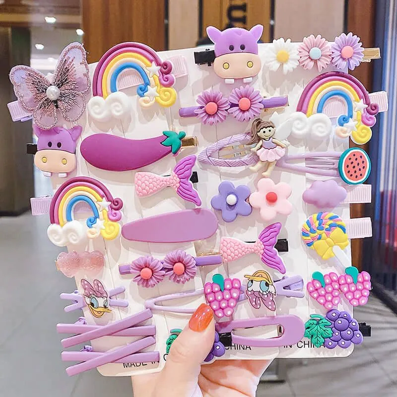 Purple Color 14 pcs Baby hair clip set for cute babies hair with various cartoons and characters