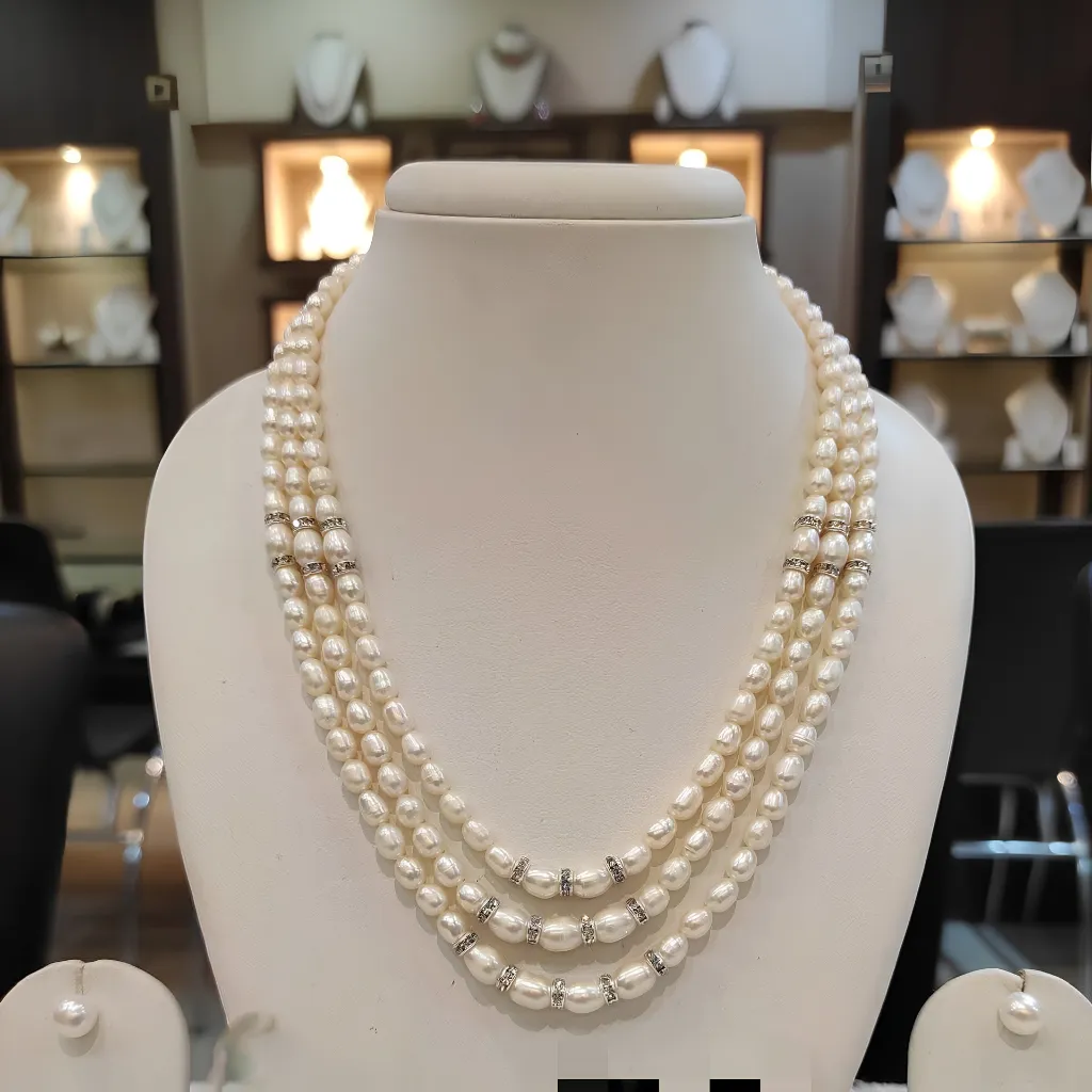 White Rice Pearl 3 Layer Necklace