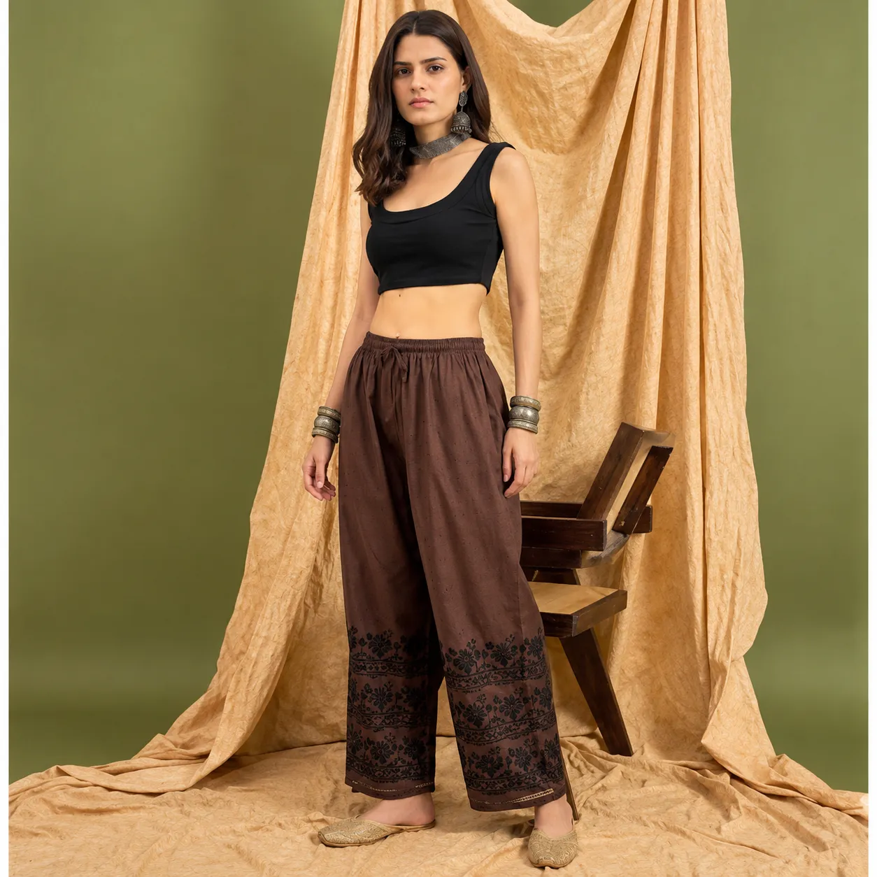 Women’s Coffee China Linen Printed Palazzo