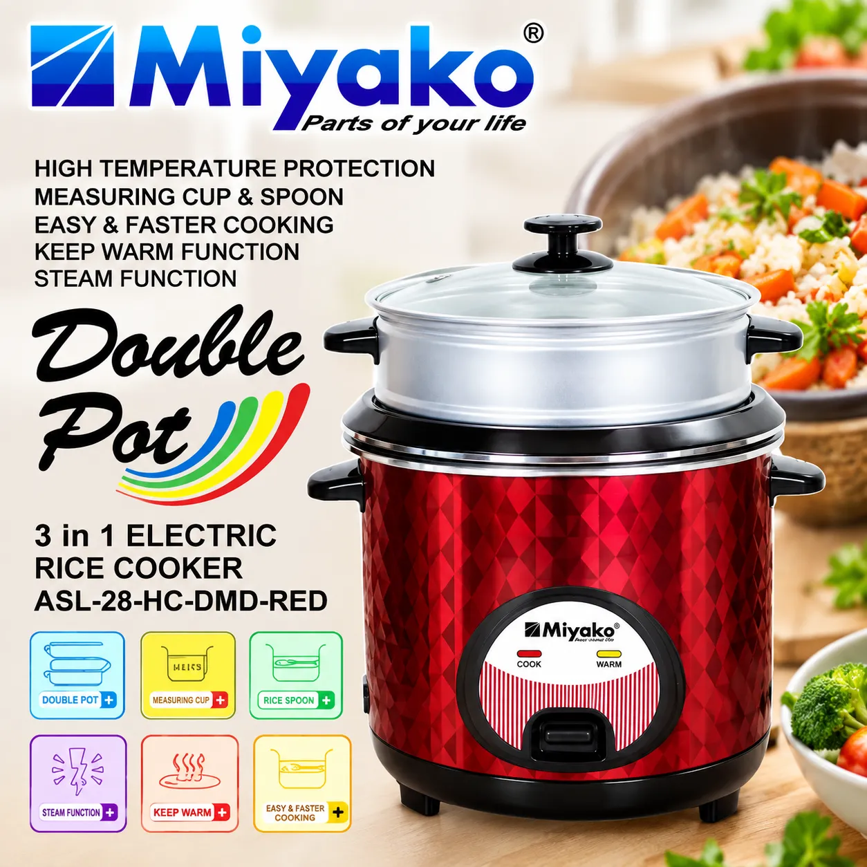 MIyako 2.8 Liter 3 IN 1 Automatic Rice Cooker - Double Pot Non Stick with Glass Lid ASL-28-HC