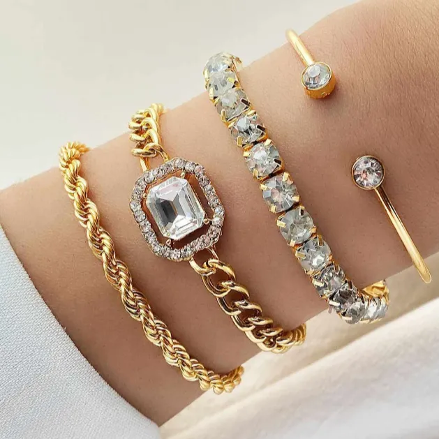 4 Piece Set Women's Fashion Crystal Rhinestone Geometric Twist Tennis Chain Bracelet Cuff Bangles for Style & Elegance