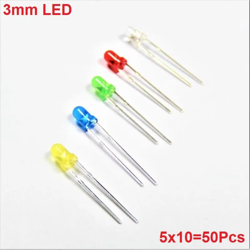 50Pcs 3mm LED Mixed Color Red Green Yellow Blue White