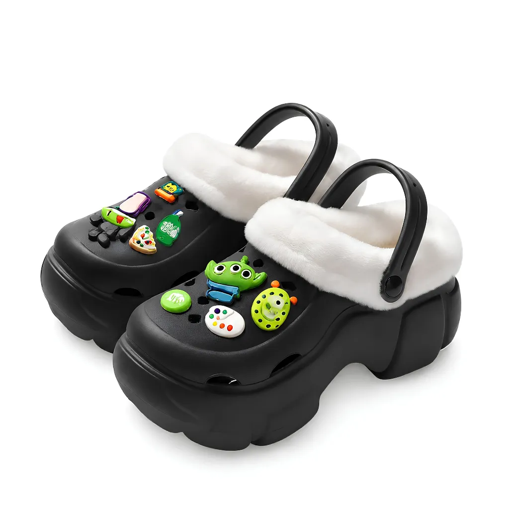Black Winter Fleece Lined Clogs for Women - Green