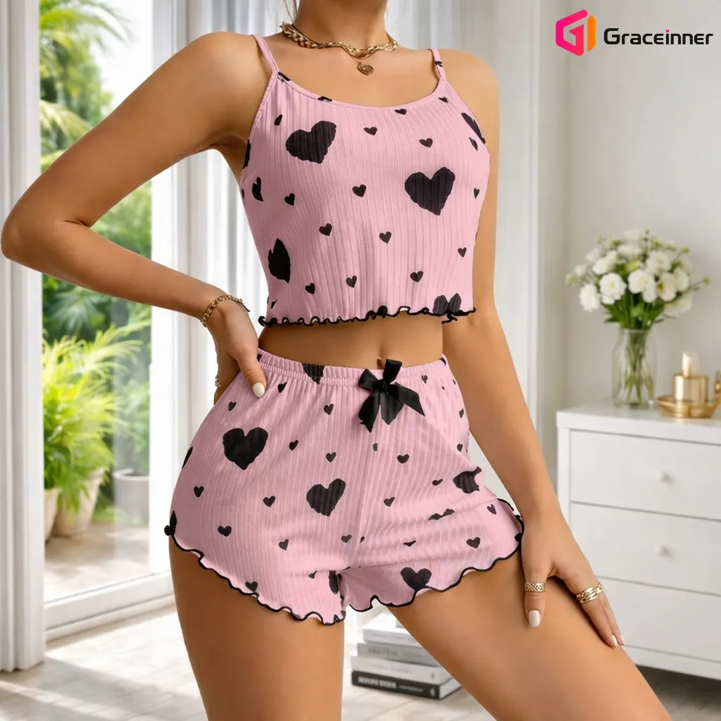 Women's Summer Heart Print 2PCS Pajama Set | Sleeveless Crop Top & High Waisted Shorts