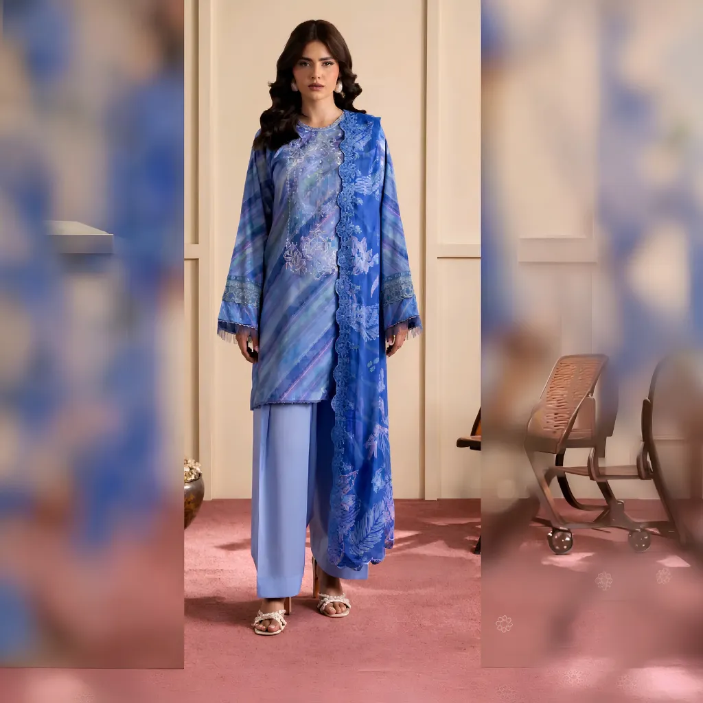 Elegant Blue Embroidered 3-Piece Women's Dress Suit