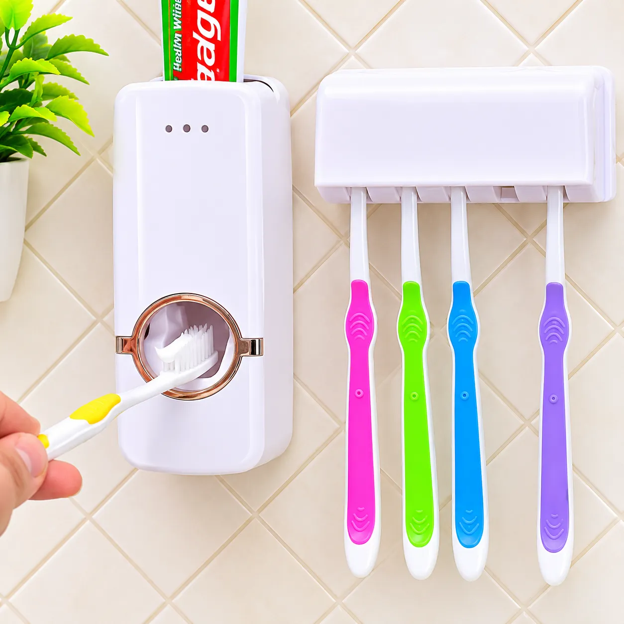 Autocratic toothpaste dispenser with toothbrush Holder
