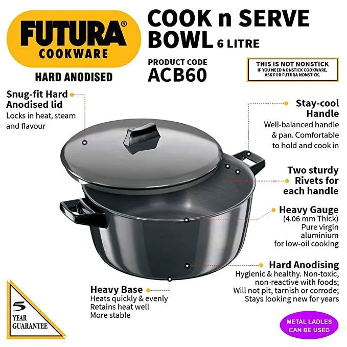 Futura Cookware Hard Anodised 6 Ltr Cook & Serve Bowl