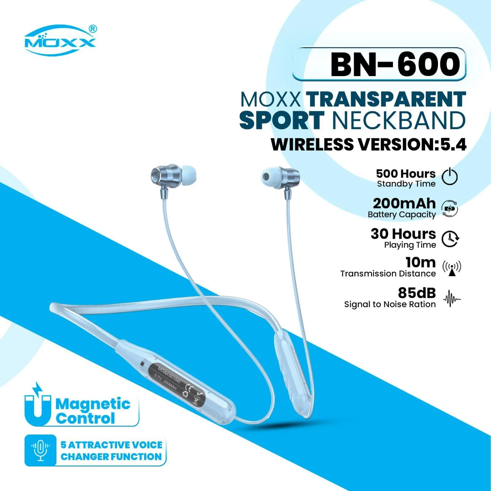 Moxx BN600 Neckband Bluetooth Headset BT5.4 Sports Headset, Smooth Sound, Magnetic Control- Voice Changer - Bluetooth neckband - best neckband