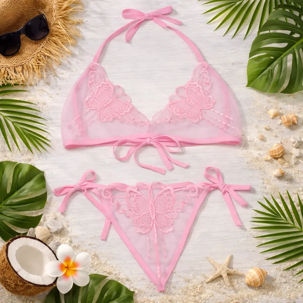 Imported C03 Butterfly Design Transparent Bra Panty Set - Pink (China)