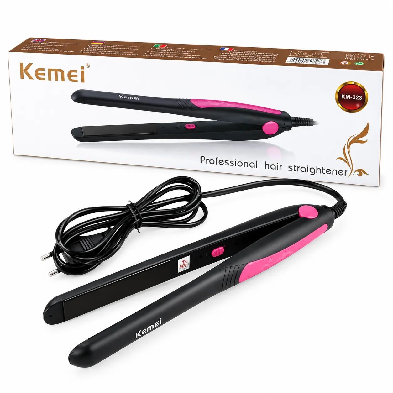 Kemei KM-328 Hair Straightener in Black and Pink for Smooth, Sleek and Stylish Hair Styling at Home.