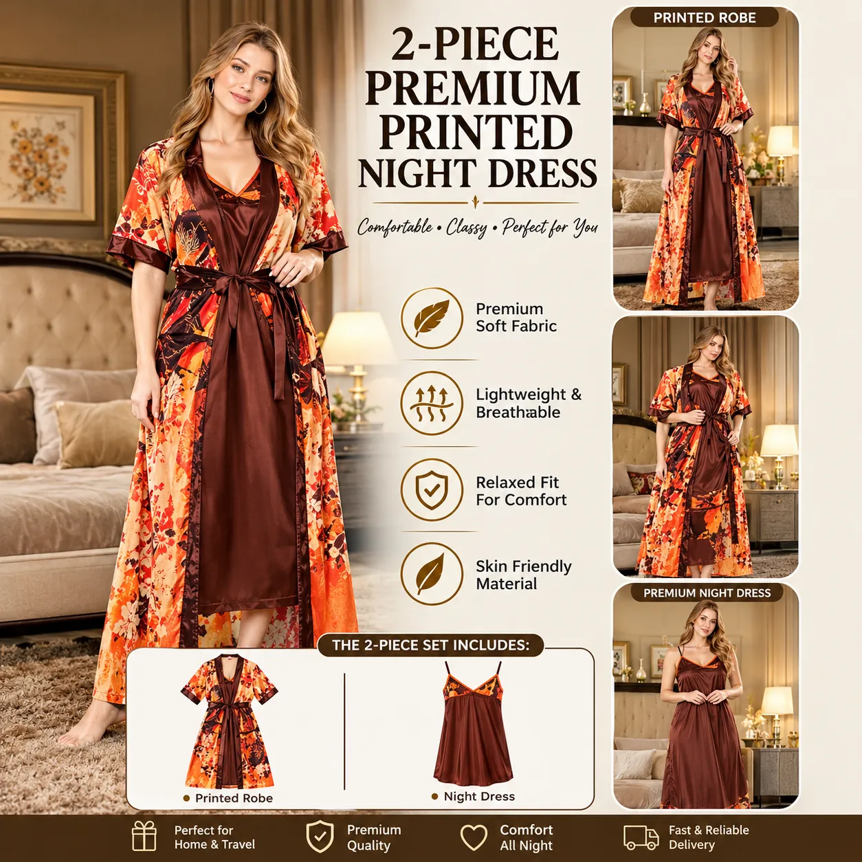 Walnut Printed Nightdress for Women