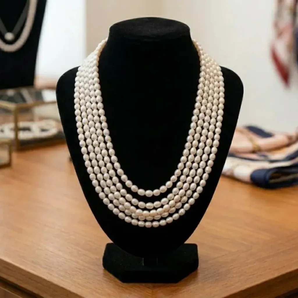 White Rice Pearl 5 Layer Necklace For Women