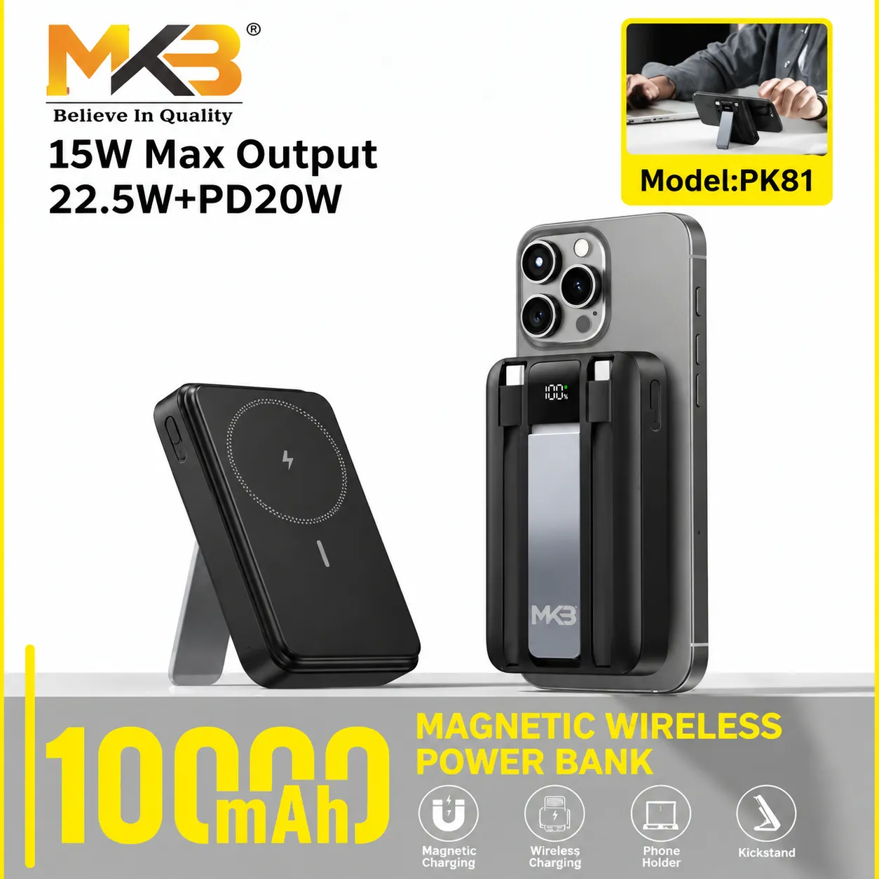 MKB PK81 Magnetix PowerBank 10000mAH, Wireless Charging, PowerDelivery 22.5W,Charging Stand,MagSafe