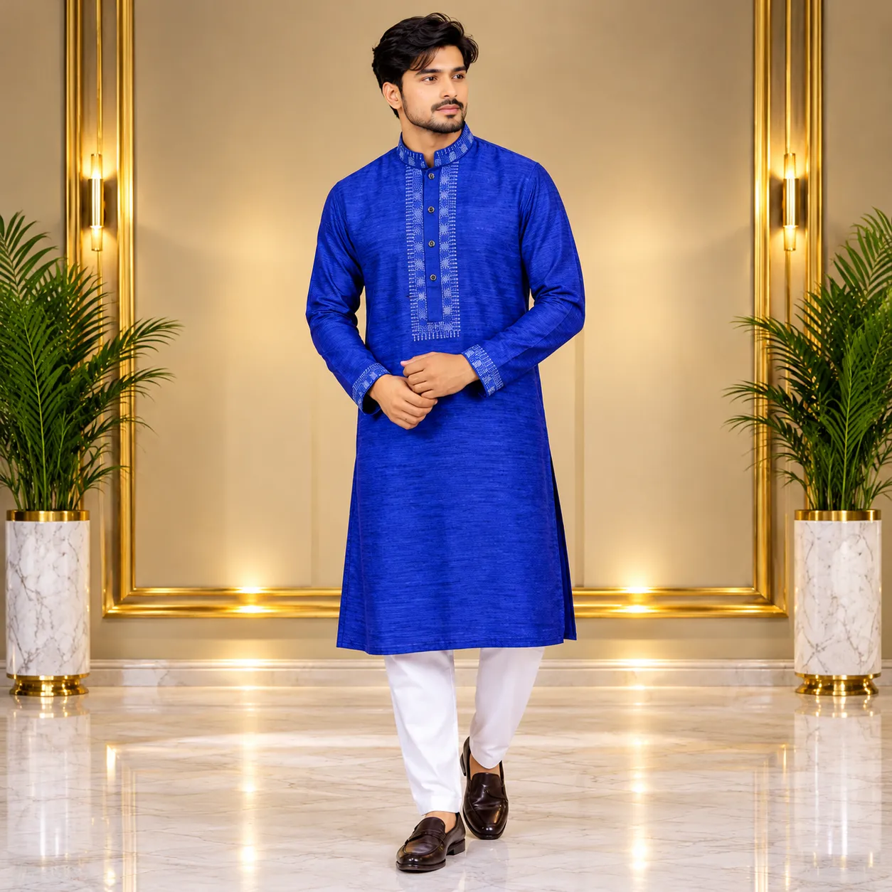 Men’s Luxury Embroidered Panjabi – Navy Blue