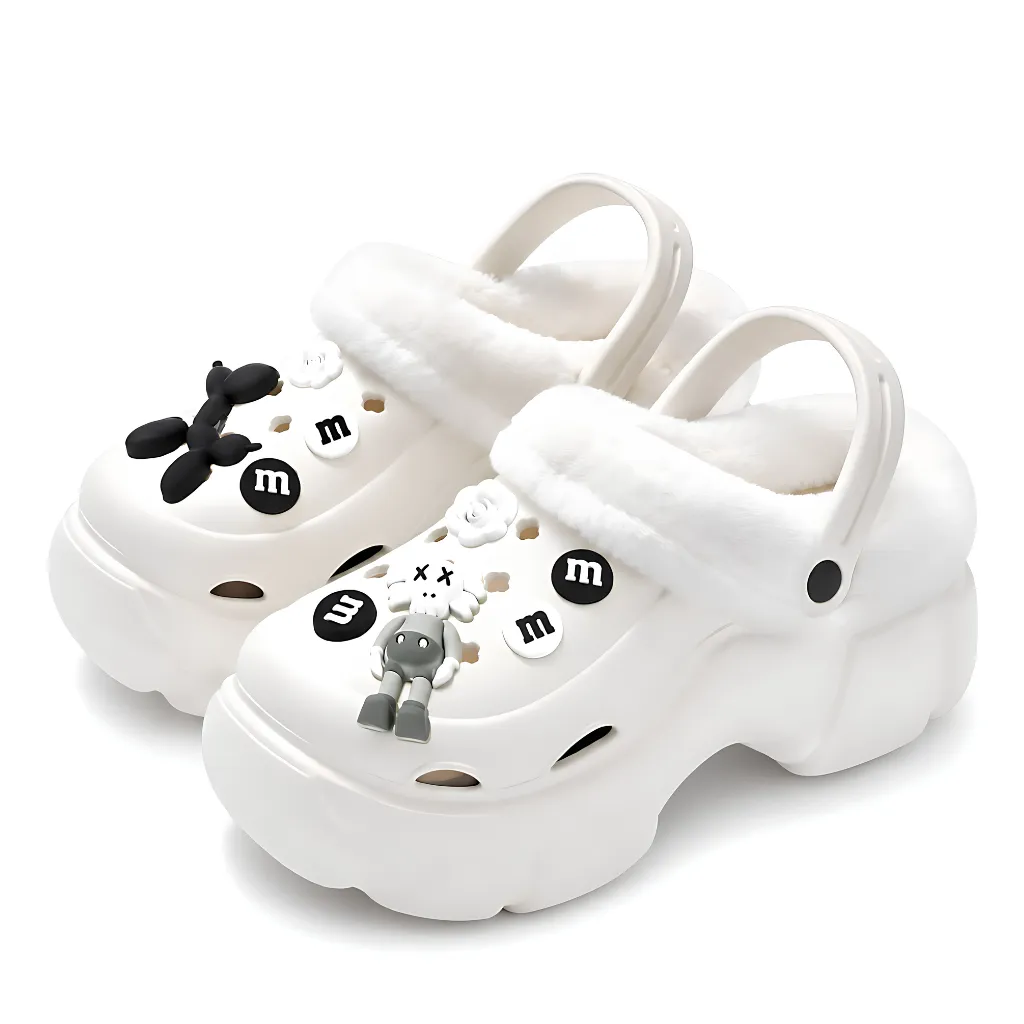 White Winter Fleece Lined Clogs for Women - Black