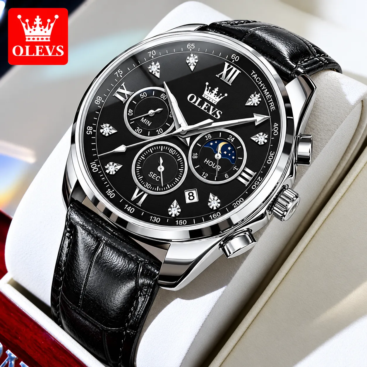 OLEVS 2872 Classic Silver Leather Quartz Watch