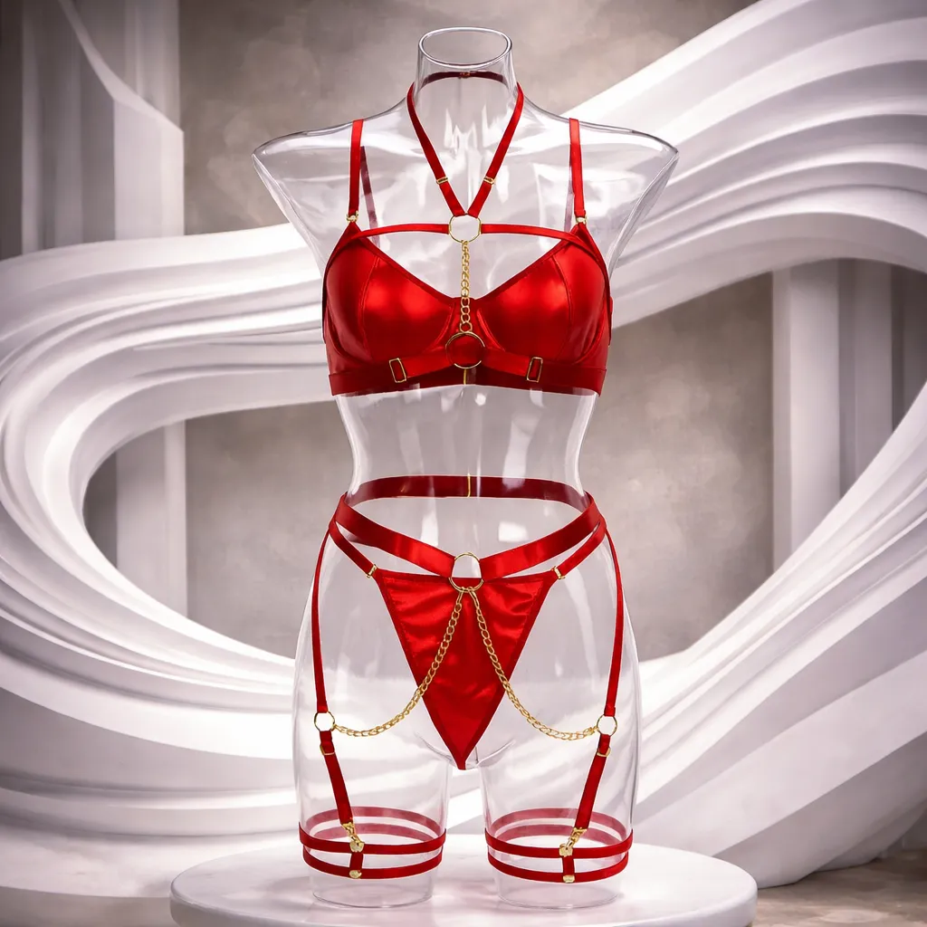 Women's Sexy Lingerie Bra Panty- Red Gold Chain (China)