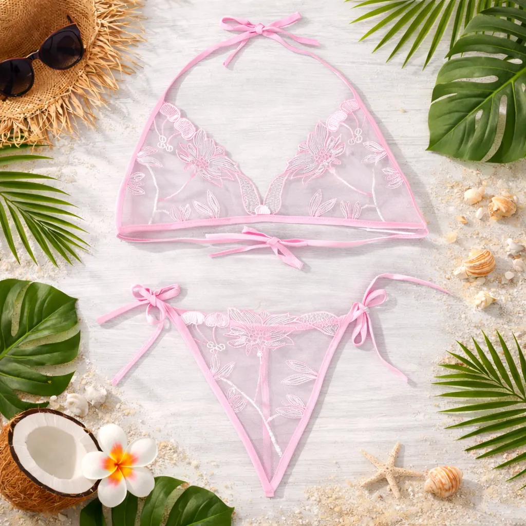 Rose Design C02 Pink Transparent Bra Panty Set for Women & Girls