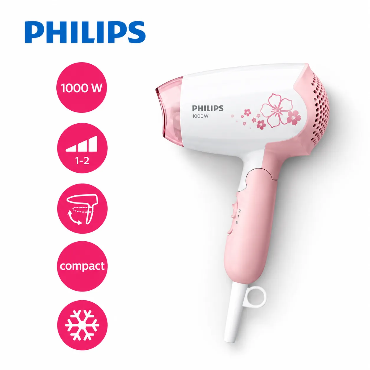 Philips HP8108 Hair Dryer 1000W Compact Design with 2 Speed Settings for Quick and Easy Hair Styling.