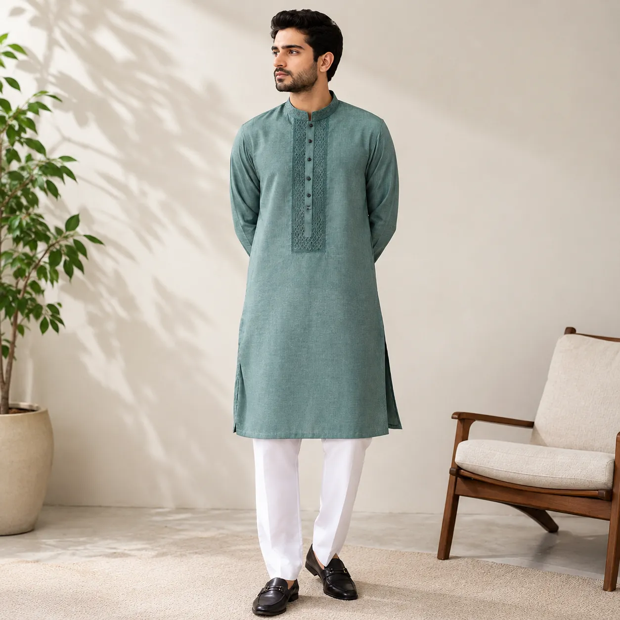 Signature Men's Embroidered Suit - Sage Green