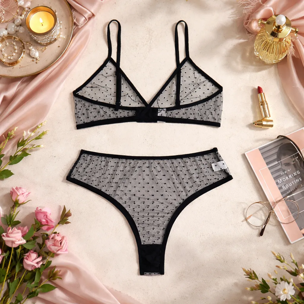 Premium Net Fabric 3 Point Black Bra Panty Set (China)