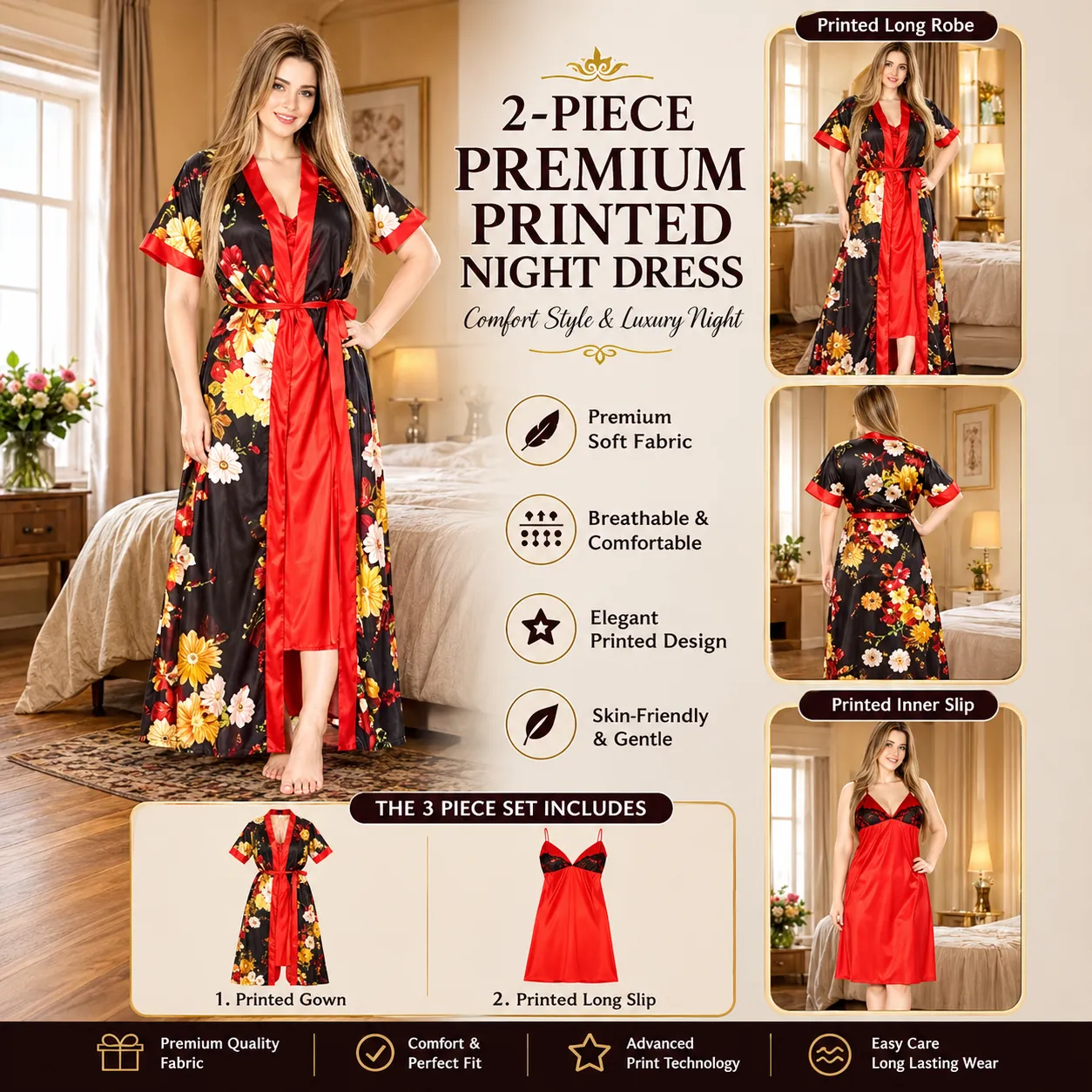 Ruby Red Printed Nightdress for Women