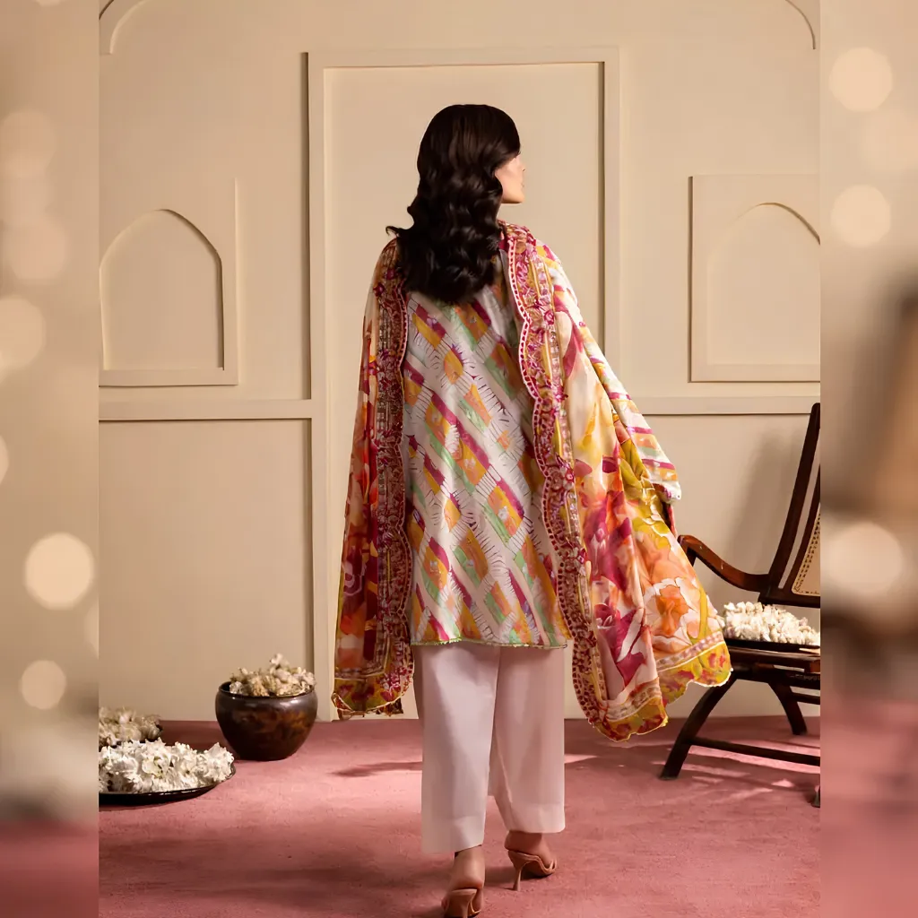 Elegant Printed 3-Piece Women’s Dress | Stylish Kameez, Trouser & Dupatta is a graceful women’s printed 3-piece dress designed with a feminine and sophisticated appearance. The set includes a printed kameez, matching printed trouser, and lightweight printed dupatta, creating a coordinated outfit for different occasions. The kameez features elegant floral and geometric-inspired prints that combine a traditional design with a contemporary appearance. The matching printed trouser complements the kameez, while the lightweight printed dupatta adds a soft and coordinated finishing element to the outfit. The soft and attractive shades create a refined color palette, making the overall design suitable for women who prefer a graceful and understated style. The combination of floral and geometric-inspired patterns provides visual detail while maintaining a balanced traditional look. Elegant Printed 3-Piece Women’s Dress | Stylish Kameez, Trouser & Dupatta is suitable for casual outings, family gatherings, festive events, parties, and everyday wear. The coordinated 3-piece design also offers flexibility for personal styling with footwear, jewelry, and other accessories. Customers can purchase this printed women’s dress from Padmazon at a best price, offering a versatile option for building different looks with one complete outfit.