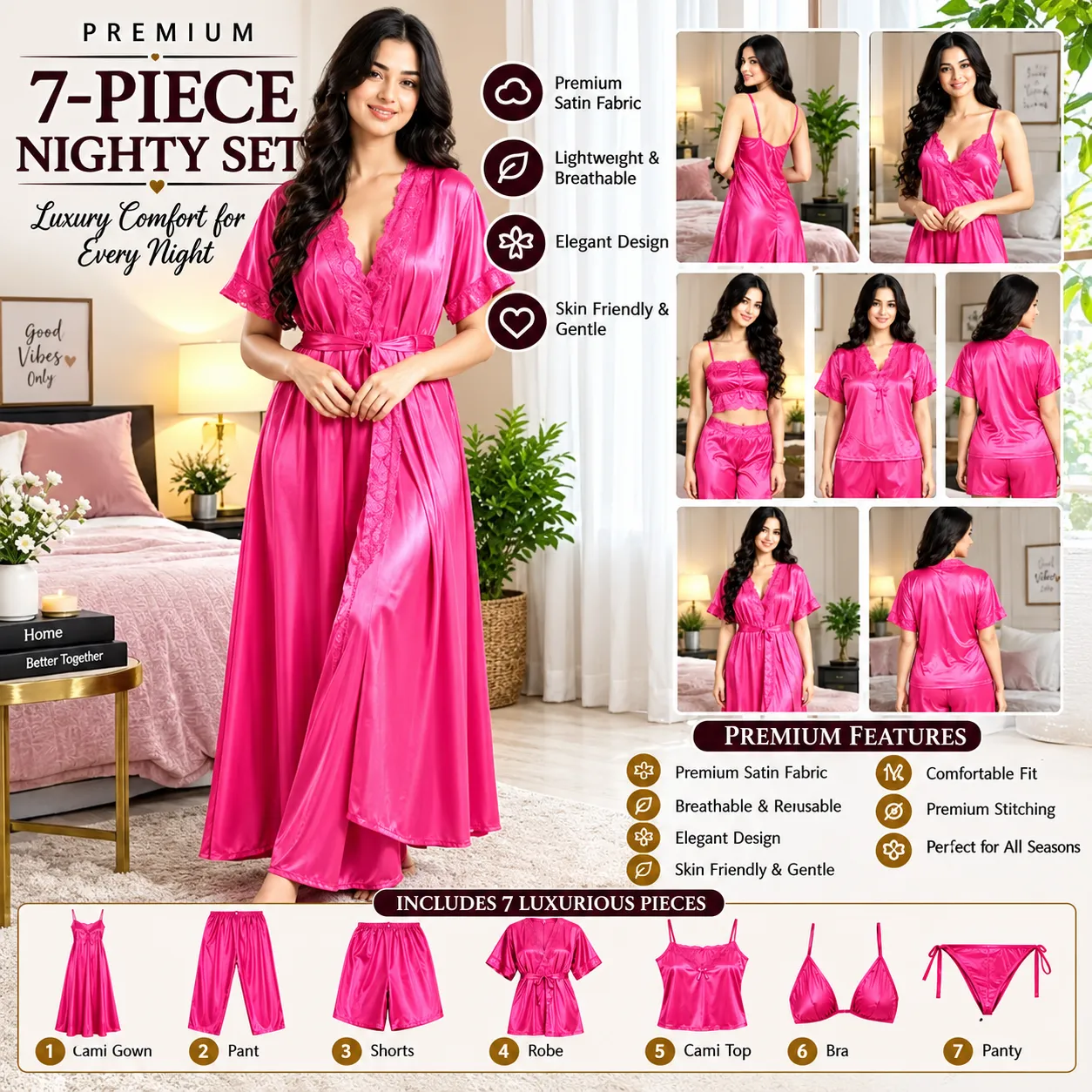 Luxurious 7-Piece Nighty Set Hot Pink