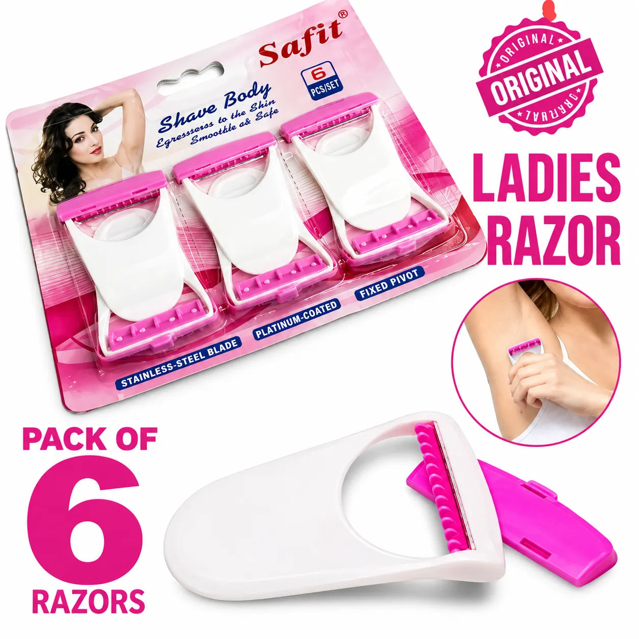 Sofit Razor Set of 6 for Women, Platinum-Coated Single-Edge Blades for Underarm Grooming, Smooth Shaving, and Everyday Personal Care Essentials.