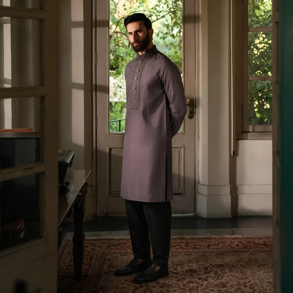 Signature Men's Embroidered Panjabi - Muted Brown