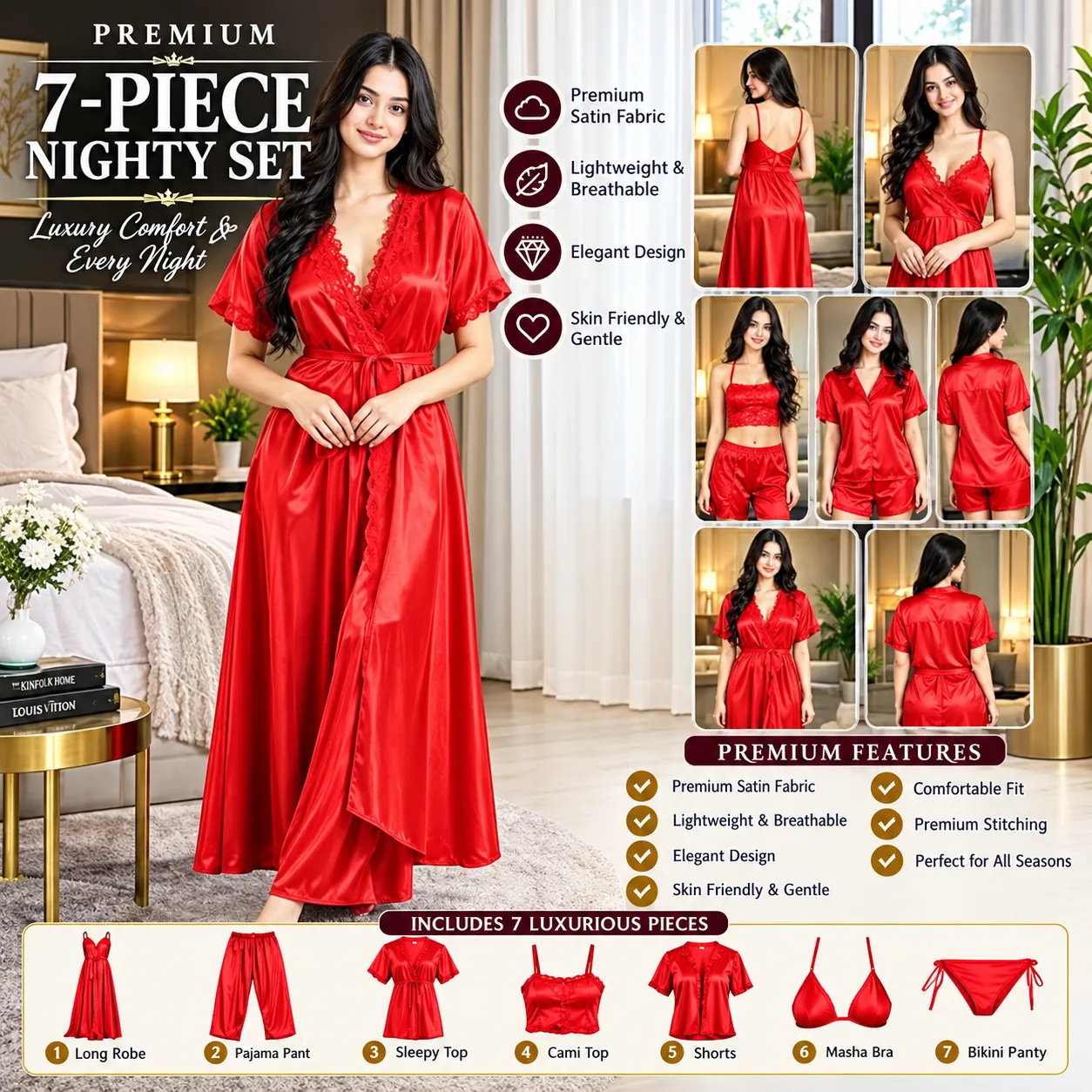 Luxurious 7-Piece Nighty Set – Bean Red