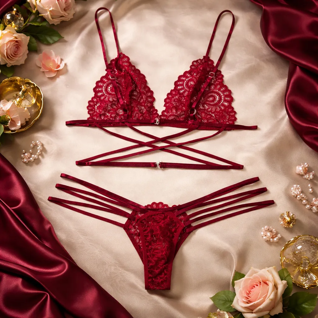 Unique Lace Design Trendy Red Bikini Set (China)