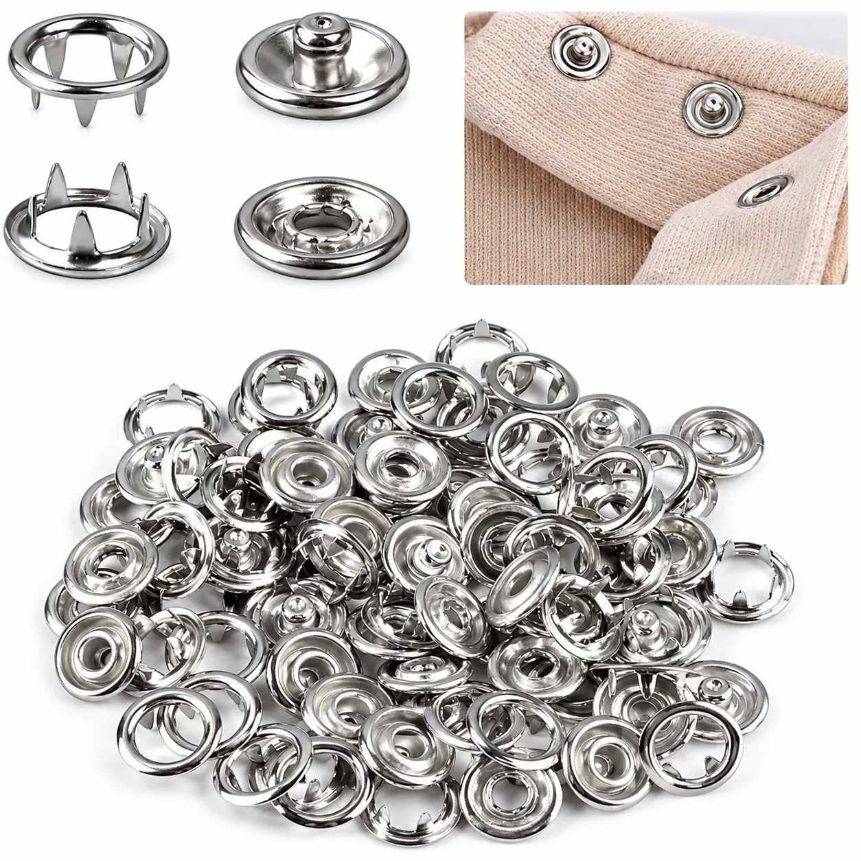 100 Sets Silver Snap Buttons for DIY Sewing, Clothing Repairs, Craft Projects, and Secure Fabric Fastening.