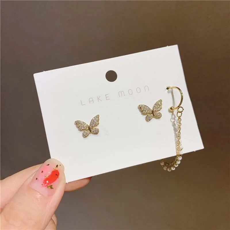Trendy Korean Elegant Cute Fashionable Rhinestone Butterfly Stud Earrings for Girls Simple Stylish - Pearl Stud Earring for Women Simple New