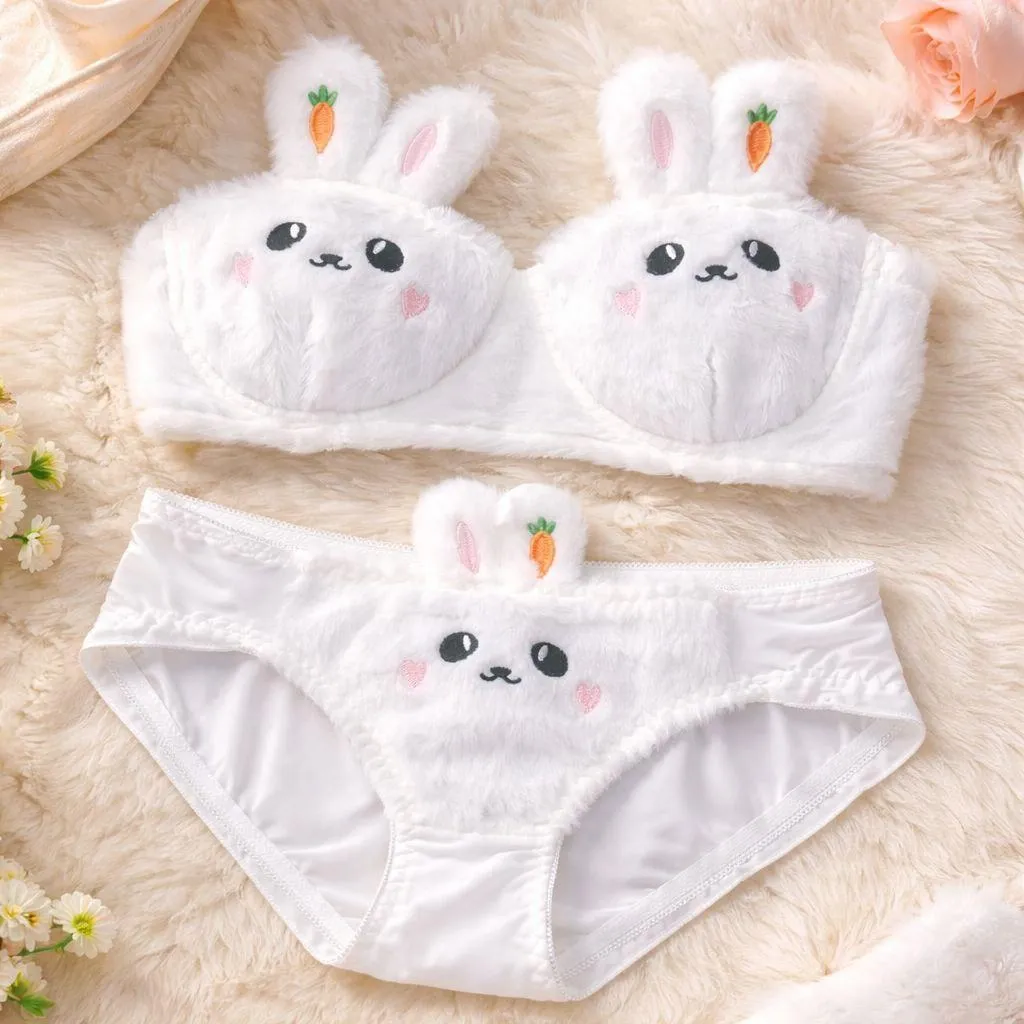 Imported Bunny Plush Rabbit Bra & Panty Set - White