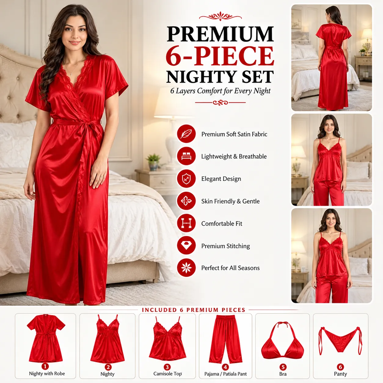 Luxurious 6-Piece Nighty Set – Bean Red