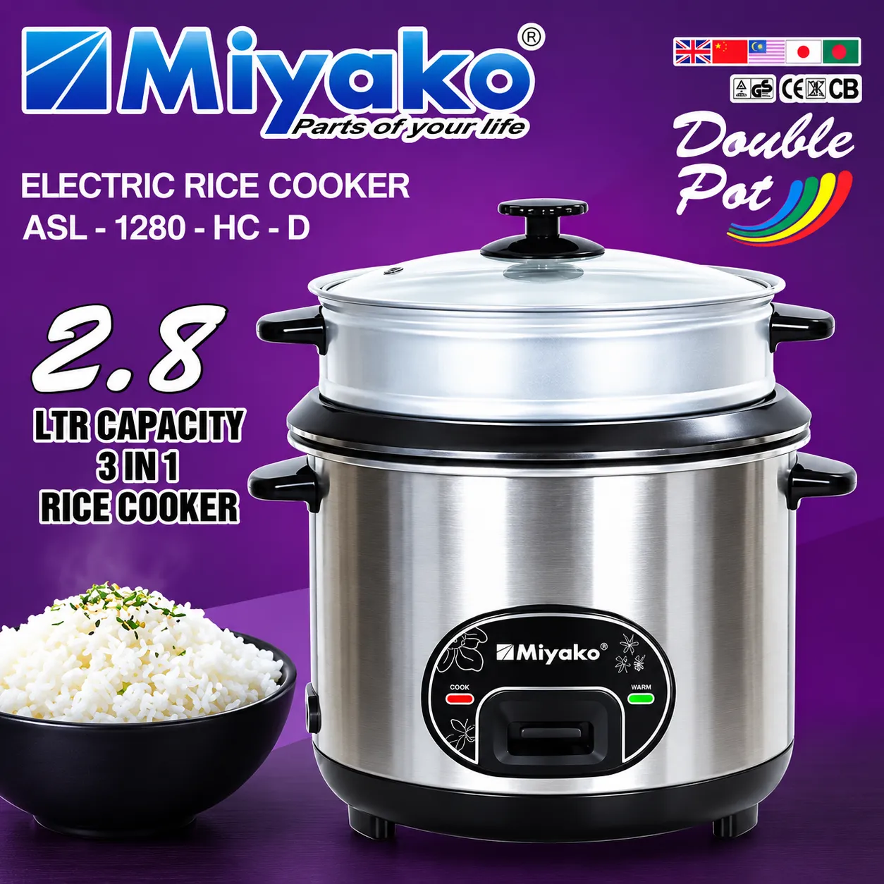 Miyako 2.8 Litter Automatic Rice Cooker - Double Pot with Glass Lid - ASL-1280-HC-D